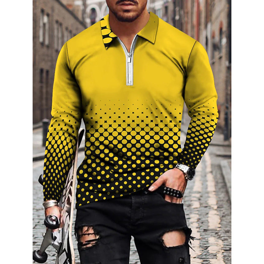 Men's Casual 3D Geometric Printing Fashion Trend Zip Lapel POLO Shirt