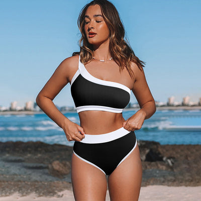 Single-side Strap Bikini Women's European And American Pure Color Tight High Waist Split