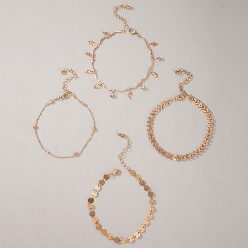 Fashion Leaf Diamond Round Four Layer Anklet