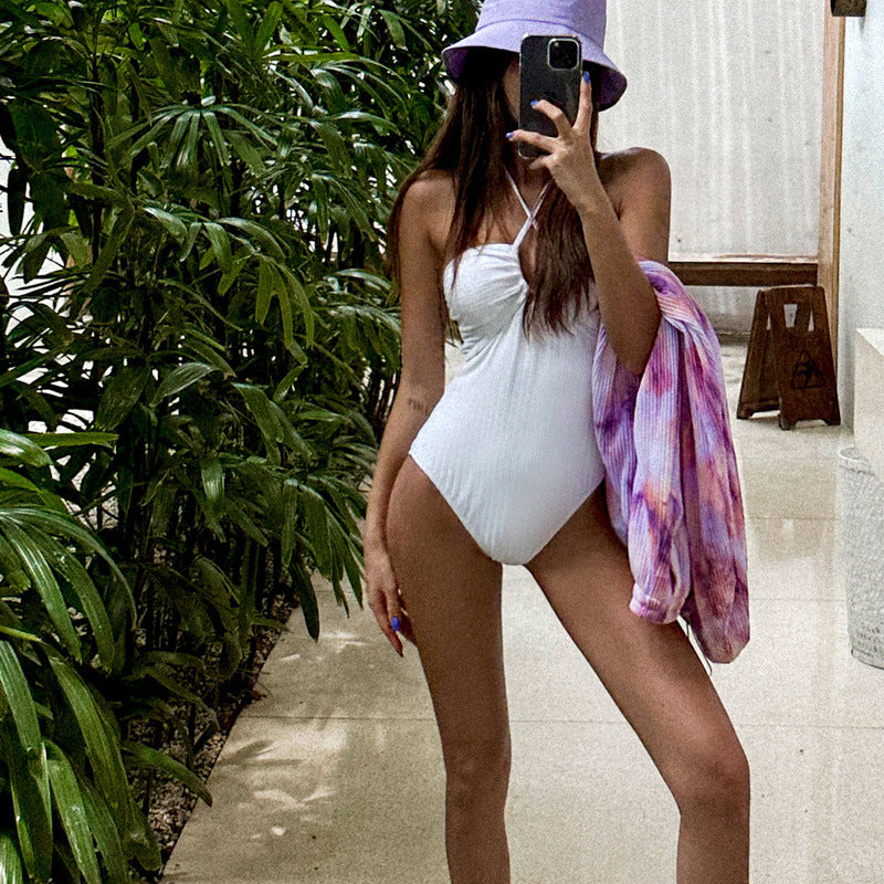 White Simple Hollow-out Women's Covering Belly Thin Slim Swimsuit Vacation Beach Bikini