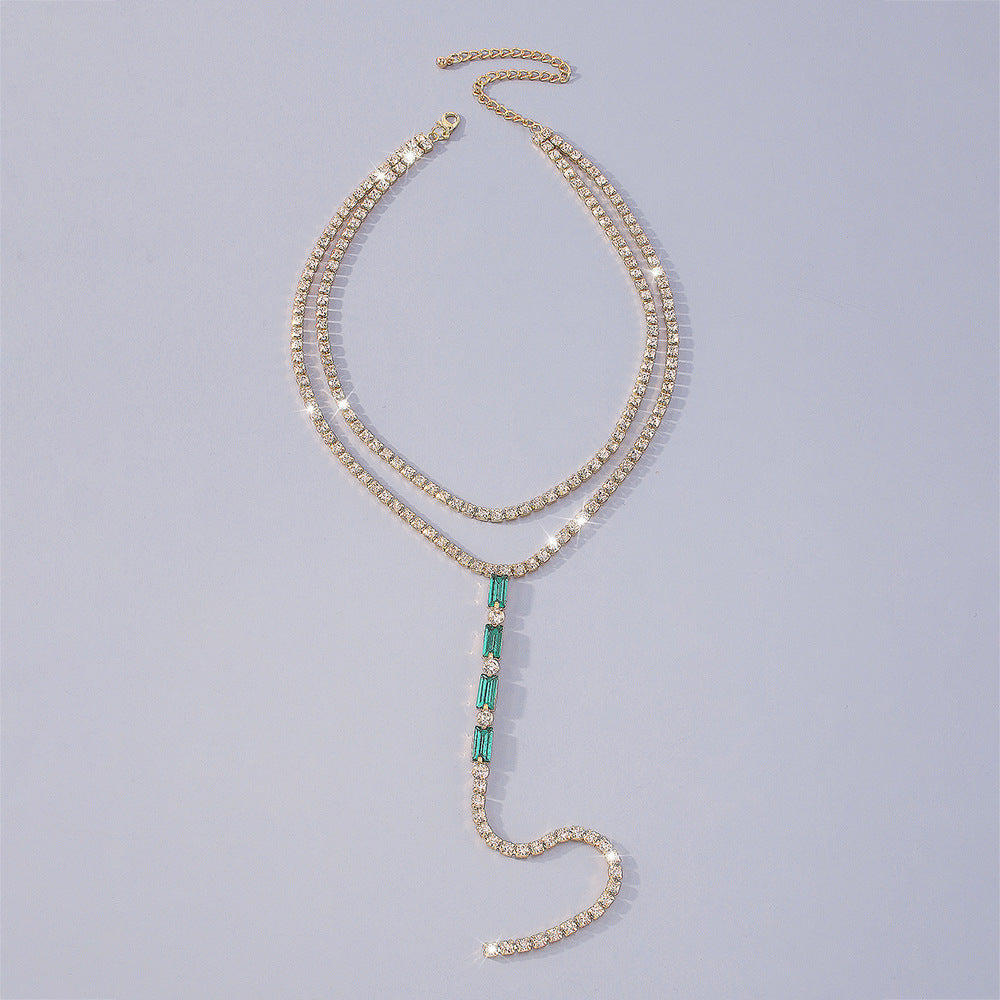 Fashionable All-match Y-shaped Necklace Full Diamond Back Chain Super Shiny Light Luxury Double Layer Necklace